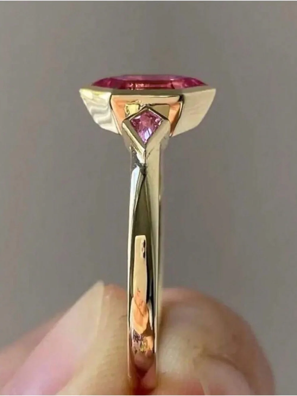 CZ Ring with Pink Hexagonal Center Stone and Pink Side Stones size 7